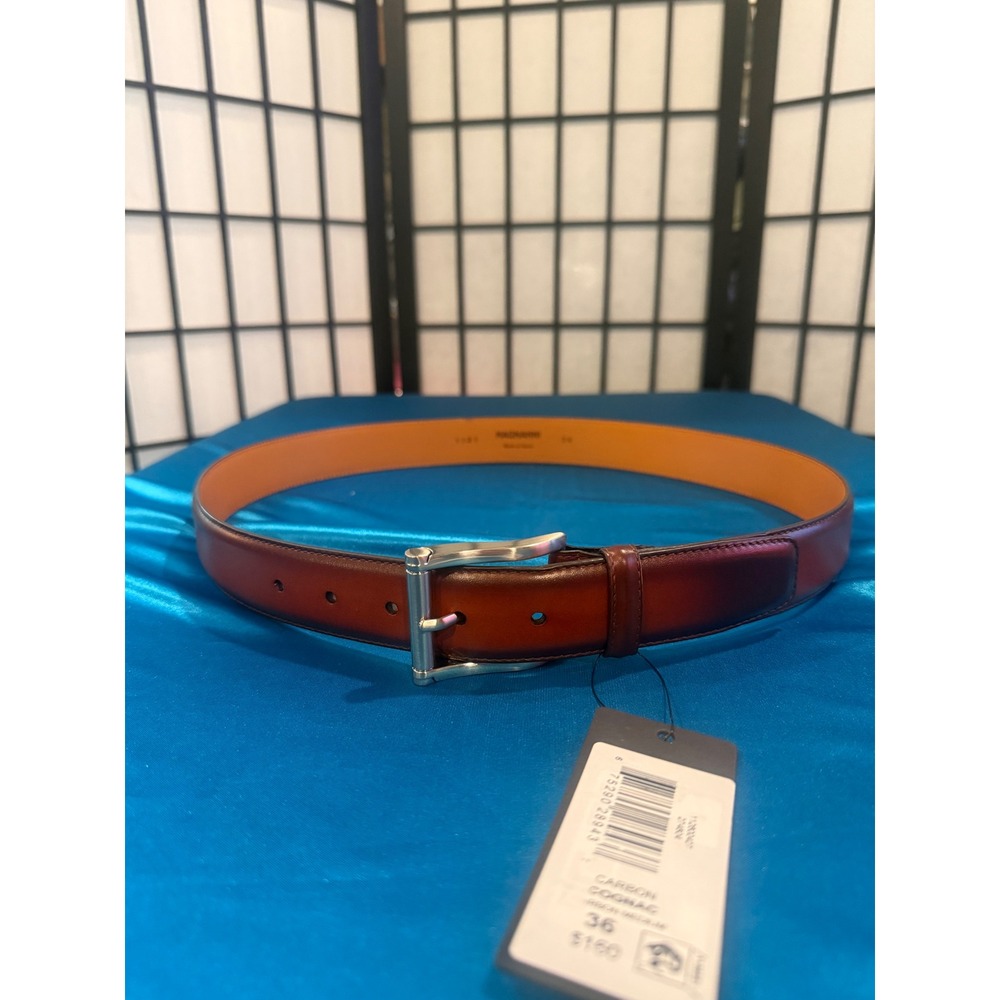 NWT MAGNANNI CARBON LEATHER BELT — COGNAC / BROWN 🤎 Size 36